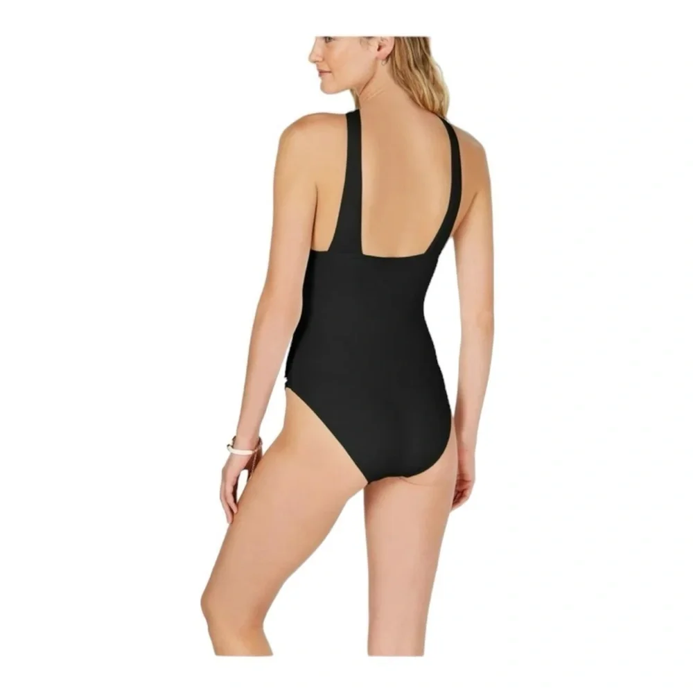 Michael Kors High Neck Shirred One-Piece Swimsuit in Black NWT